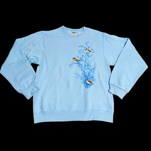 Y2K Jerzees Sweatshirt Small Crew Neck Chickadees Birds NuBlend Light Blue